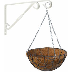 Hanging basket 35 cm met klassieke muurhaak wit en kokos inlegvel - metaal - complete hangmand set