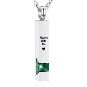 Luxe Ashanger | Met Ketting En Gravering | Always With Me | Assieraad | Zilverkleurig Met Groene Steen | As Ketting | Gedenksieraad | Urn | Incl. As vuller