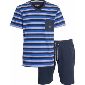 MEQ Heren Shortama - Pyjama Set - V Hals - Borstzakje - Blauw - Maat S