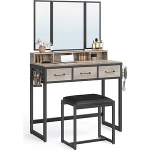 Kaptafel met Drievoudige Spiegel, Cosmetische Tafel met Lades en Haardrogerhouder, Industrieel Ontwerp in Greige en Zwart
