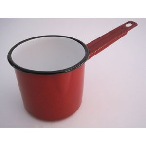 Emaille steelpan met schenktuitje - Ø 11 cm - 0,75 liter - rood gespikkeld