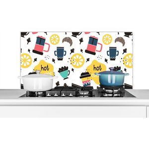Spatscherm keuken 100x50 cm - Kookplaat achterwand Patronen - Koffie - Ontbijt - Croissant - Muurbeschermer - Spatwand fornuis - Hoogwaardig aluminium