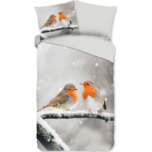 Cheqo® Flanellen Dekbedovertrek 140x200/220 cm - Roodborst Vogels in de Sneeuw Print - Grijs - 1 Persoons - 100% Katoen - Oeko-Tex Gecertificeerd