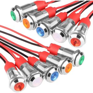 Controlelampjes 6 mm - set van 10 led 12 V metalen lampjes met draad - waterdicht signaallamp - rood groen geel blauw wit - 2 stuks per kleur .
