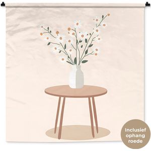Wandkleed 120x120 cm - Wanddoek Vaas - Bloemen - Madeliefjes - Beige - Wandtapijt - Wandkleden