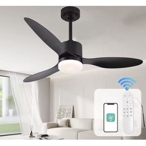 3 Blad Plafondventilator - Moderne LED Ventilator Lamp - Ventilator Hanglamp - APP - 105 cm - Dimbaar - 6 Snelheden - Zwart - Keuken Lamp - Woonkamerlamp - Moderne lamp