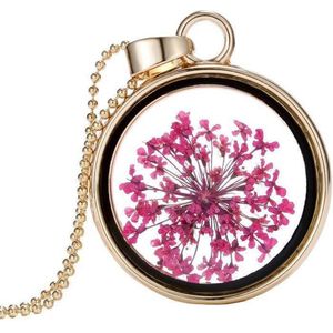 Fako Bijoux® - Ketting - Gedroogde Bloem - Rond - Goudkleurig - Bordeaux