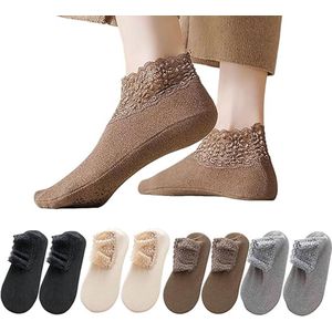 2026 Modieuze kanten thermische sokken, dames onzichtbare geplooide enkelsokken, herfst- en winter antislip enkelsokken (8 stuks)