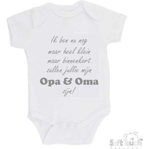 100% katoenen Romper ""Ik ben nu nog maar heel klein maar binnenkort zal jij mijn opa & oma zijn!"" Unisex Katoen Wit/grijs Maat 56/62