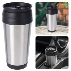 Cheqo® Reisbeker - Koffiebeker To Go - Thermosbeker - Theebeker - 450ML - RVS - Ø8xh18,5cm - Zilver & Zwart - Auto Drinkbeker - Voor On the Go!