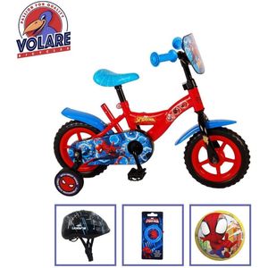 Volare Kinderfiets Spider-Man - 10 inch - Doortrapper - Inclusief fietshelm en accessoires