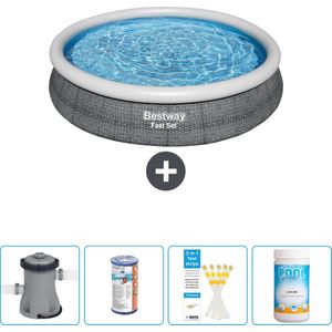 Bestway Rond Opblaasbaar Fast Set Zwembad - Rotanprint - 366 x 76 cm - Inclusief Pomp Filter - Testrips - Chloor
