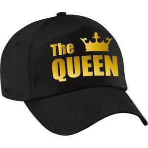 The Queen pet / cap zwart met goudkleurige letters en kroon voor dames - Koningsdag - verkleedpet / feestpet