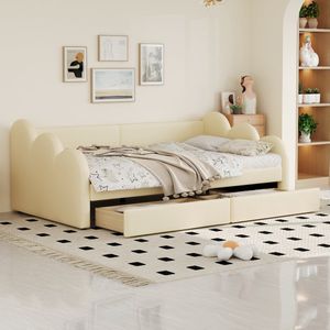 Gutent Slaapbank (Zonder matras), 90*200 cm, met Rugleuning en Armleuningen, met 2 laden, kunstlederen stof, kinderbed, Beige