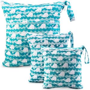 Natte droge doek luiertassen - CeeKii 3 Pack wasbare reistassen, waterdichte natte tas, baby herbruikbare strand zwembad Gym tas voor badpakken en natte kleding met rits zak en klap handvat Blauw