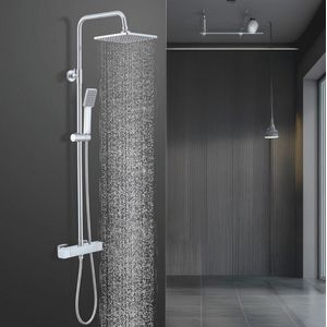 Chroom Douchesysteem Met Thermostaat – Regendouche & ABS Handdouche – RVS Douchekolom Met Veiligheidsblokkering 38°C En Verstelbare Douchestang