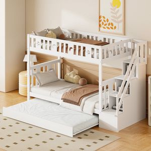 KOMHTOM Stapelbed Kinderbed met veiligheidstrap bergtrap uitschuifbaar bed Wit