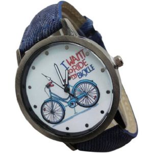 Hidzo Horloge I Want To Ride My Bicycle Ø 37 mm - Blauw - Kunstleer