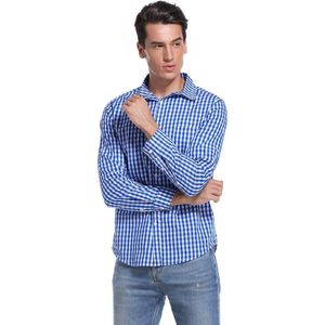 Traditioneel overhemd slim fit heren geruit overhemd casual overhemd lange mouwen overhemd geborduurd voor Oktoberfest, Carnaval, zaken, vrije tijd Blauw 40
