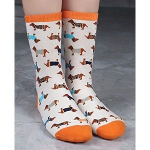 Teckel - sokken - 1 paar sokken - teckelprint - maat 35/38 - beige - oranje - hond - dachshund - teckelsokken - teckel sokken