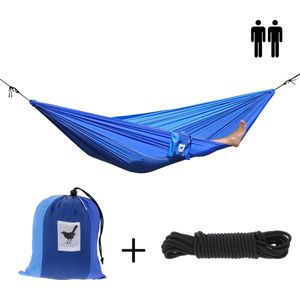 MoreThanHip - XXL (Reis)hangmat Everest - 2 Persoons - Incl. set touwen - blauw - 180 kg draagkracht - lichtgewicht - compact