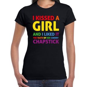 Bellatio Decorations Gay Pride t-shirt met tekst - dames - zwart - Kissed a girl - LHBTI/LHBTIQ XL