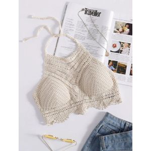 F I K A.® - Bralette - Gehaakt - Beige - Open rug - Halternek - Crop Top - Topjes - Gehaakte BH - Vrouwen - Sexy - Maat S/M - Black Friday - Cadeau voor vrouwen - Sinterklaas & Kerstcadeau