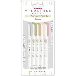 Zebra Mildliners set van 5 - Natural Colors NTC + Limited Edition Stifthouder + een GRATIS Zebra Dubbel Sided Brush Pen