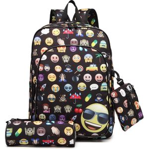 Miss Lulu Rugzak - Rugtas met Portemonnee en Etui - Schooltas - Emoji - A4 formaat - Lichtgewicht (E6629 BK)