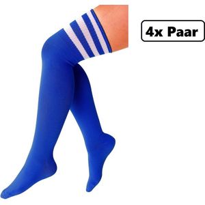 4x Paar Lange sokken kobalt blauw met witte strepen - maat 36-41 - kniekousen blauwe overknee kousen sportsokken cheerleader carnaval voetbal hockey unisex festival