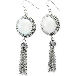 Zoetwater parel oorbellen Bright Pearl Dangling Tassel - oorhangers - echte parels - sterling zilver (925) - wit - zwart - stras steentjes
