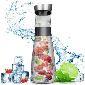 S&Dshopline® - Glas Karaffe,1,2 Litern Karaffe mit Deckel aus Edelstahl,Wasserkaraffe,Saft Krug,Glaskaraffe Benutzt für Eistee Heißes Kaltes Wasser Milch Kaffee Wein,Grau