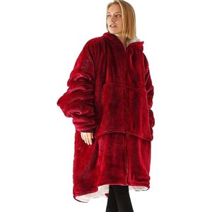 Knuffeltrui voor dames en heren, flanel, deken, hoodie, sweatshirt, oversized, jas met ritssluiting en enorme zak - rood (rode wijn)