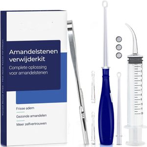 Amandelsteen Verwijderaar - Kit Voor Het Verwijderen Van Amandelstenen - Verwijder En Voorkom Amandelstenen - Verlicht Keelpijn - Verhelp Slechte Adem - LED-Instrument Met 3 Mondstukken - Gebogen Spuit & Koperen Tongschraper - Handleiding