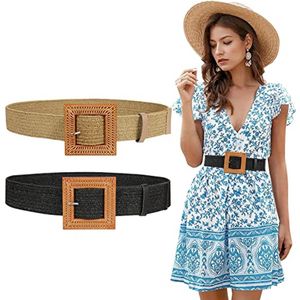 Brede boho tailleriem - 2 stuks - Zwart/bruin - Vierkante houtlook gesp - Elastische gevlochten taille riem - Geweven stro riem - Ibiza bohemien stijl - Rotan - Retro - Vintage - 2-delige set riemen voor dames