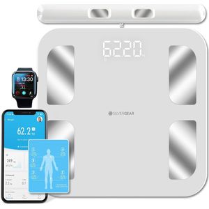 Slimme Personenweegschaal met Handvat | Digitale Lichaamsanalyse Weegschaal met App | Bluetooth Badkamerweegschaal met BMI, Spiermassa, Hartslag en Meer | Wit