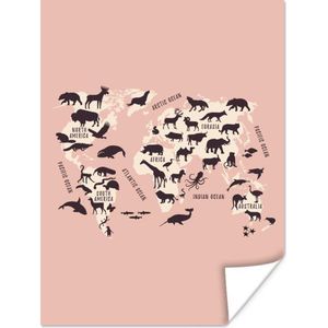 Poster Wereldkaart - Dieren - Roze - 120x160 cm XXL