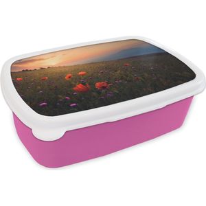 Broodtrommel Roze - Lunchbox - Brooddoos - Bloemenveld - Gras - Bloemen - Planten - Zonsondergang - Oranje - 18x12x6 cm - Kinderen - Meisje