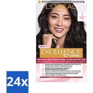 24 x L'Oréal Excellence Crème Permanente Crèmekleuring 1 Zwart - Haarverf - Permanente Haarkleuring - Grijsdekking - L'Oréal Paris - Excellence Crème
