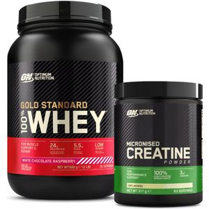 Optimum Nutrition Gold Standard 100% Whey Protein + Creatine Bundel - White Chocolate Raspberry Proteine Poeder 900 gram (28 servings) + Creatine Monohydraat 317 gram (88 doseringen)