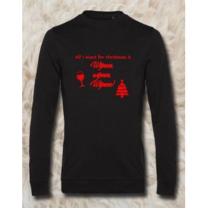 Sweater met opdruk “All I want for christmas is Wijnen wijnen wijnen”, Zwarte sweater met rode opdruk. Leuk voor Chateau Meiland fans of voor een avondje uit. Lekker foute Kerst trui!