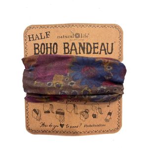 Boho Bandeau, haarbandje, Natural Life, groen met bloemen, blauwe en bordeauxrode kleuren, gekleurde hoofdband, sportband, smalle bandeau, haarbandje