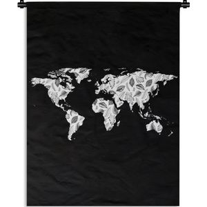 Wandkleed - Wanddoek - Wereldkaart - Planten - Zwart - 150x200 cm - Wandtapijt