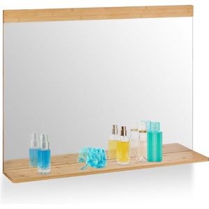 Relaxdays wandspiegel met plankje - bamboe - badkamerspiegel - spiegel rechthoekig - groot