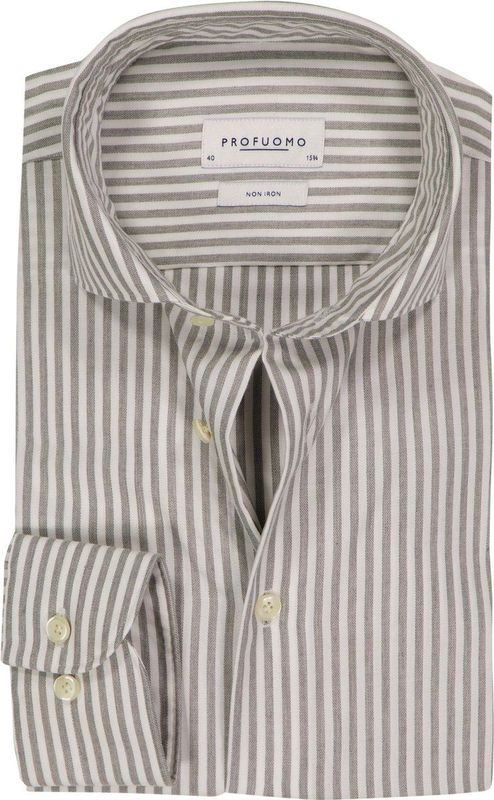 Profuomo slim fit heren overhemd, popeline, olijfgroen met wit gestreept