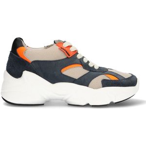 Braqeez 425280-420 Jongens Lage Sneakers - Blauw/Oranje/Beige - Leer - Veters