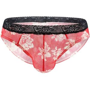 Heren Slip Doorzichtig met Bloemen - Mesh Slip Gebloemd Rood & Wit - Sexy Transparant Design - Mannen Onderbroek - Lingerie Voor Mannen - Ondergoed Maat XXL / 2XL