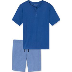 SCHIESSER Fashion Nightwear shortamaset - heren shortama biologisch katoen knoopsluiting visgraatpatroon aqua - Maat: XXL