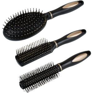 Crrynuo 3 Stuks - Zwarte Haarborstel Set - Antistatische Kam + Krulborstel + Massageborstel - Professionele Haarverzorging Voor Alle Haartypes
