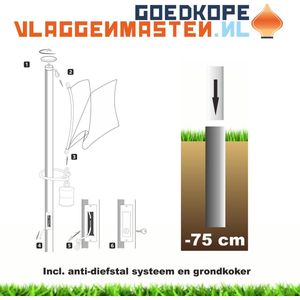 Onderhoudsvrije vlaggenmast anti-diefstal 6 meter aluminium conisch 100-60 mm wit gecoat met cilinderslot, contra-gewicht en grondkoker - 1206W2A